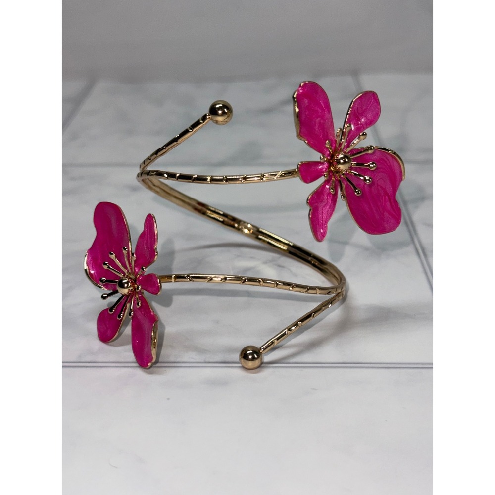 Gold Tone Hot Pink Enamel Flower Spiral Wrap Bypass Cuff Bracelet New